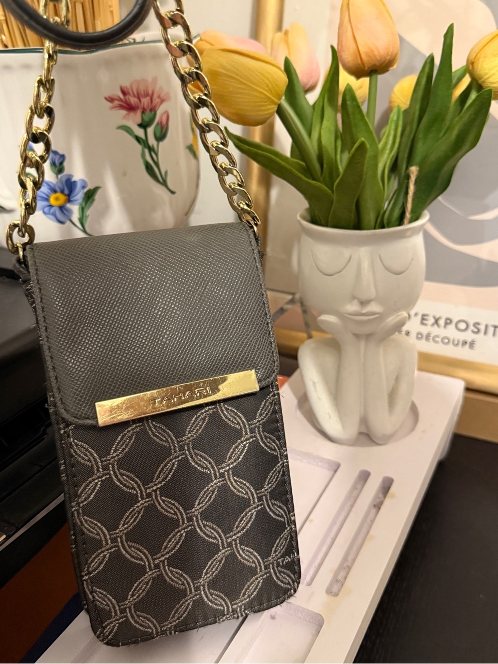 Tahari Black Mini Chain Crossbody Phone Pouch with Gold Plaque